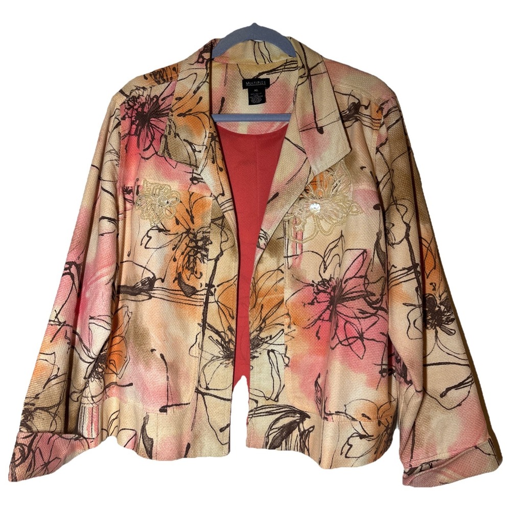 Multiples Floral Beaded Blazer Jacket Women's Pink Very Good Art to Wear Sz XL